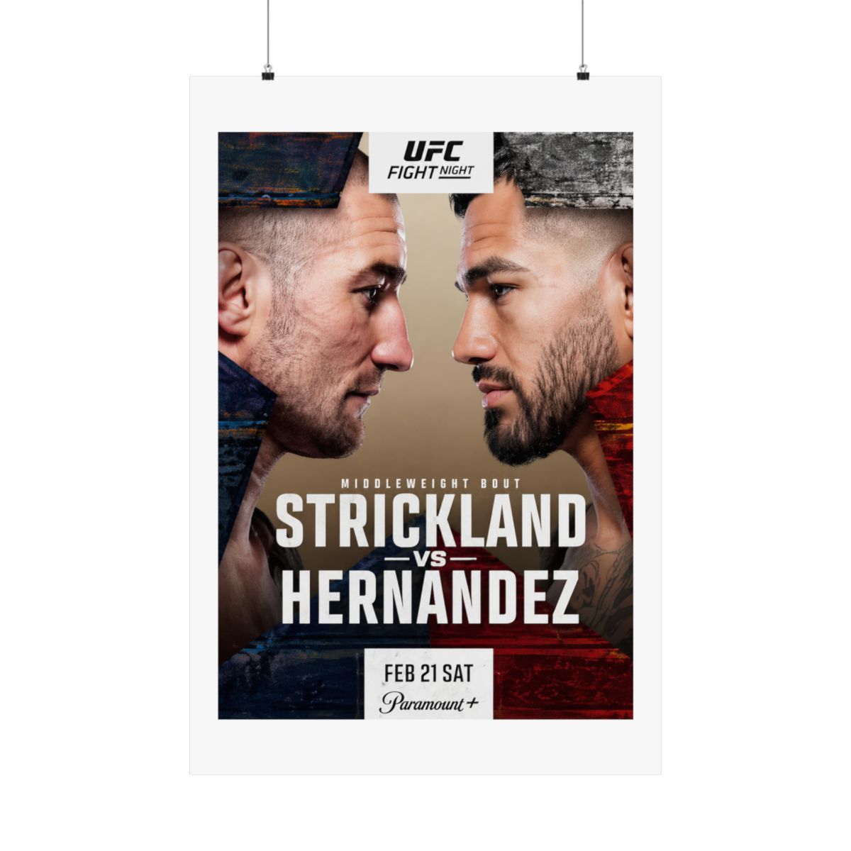Framed UFC Fight Night poster featuring Strickland vs. Hernandez. The poster shows two fighters facing each other, with event details and the Paramount+ logo at the bottom. The colour scheme includes... - alternate angle 1, merchandise