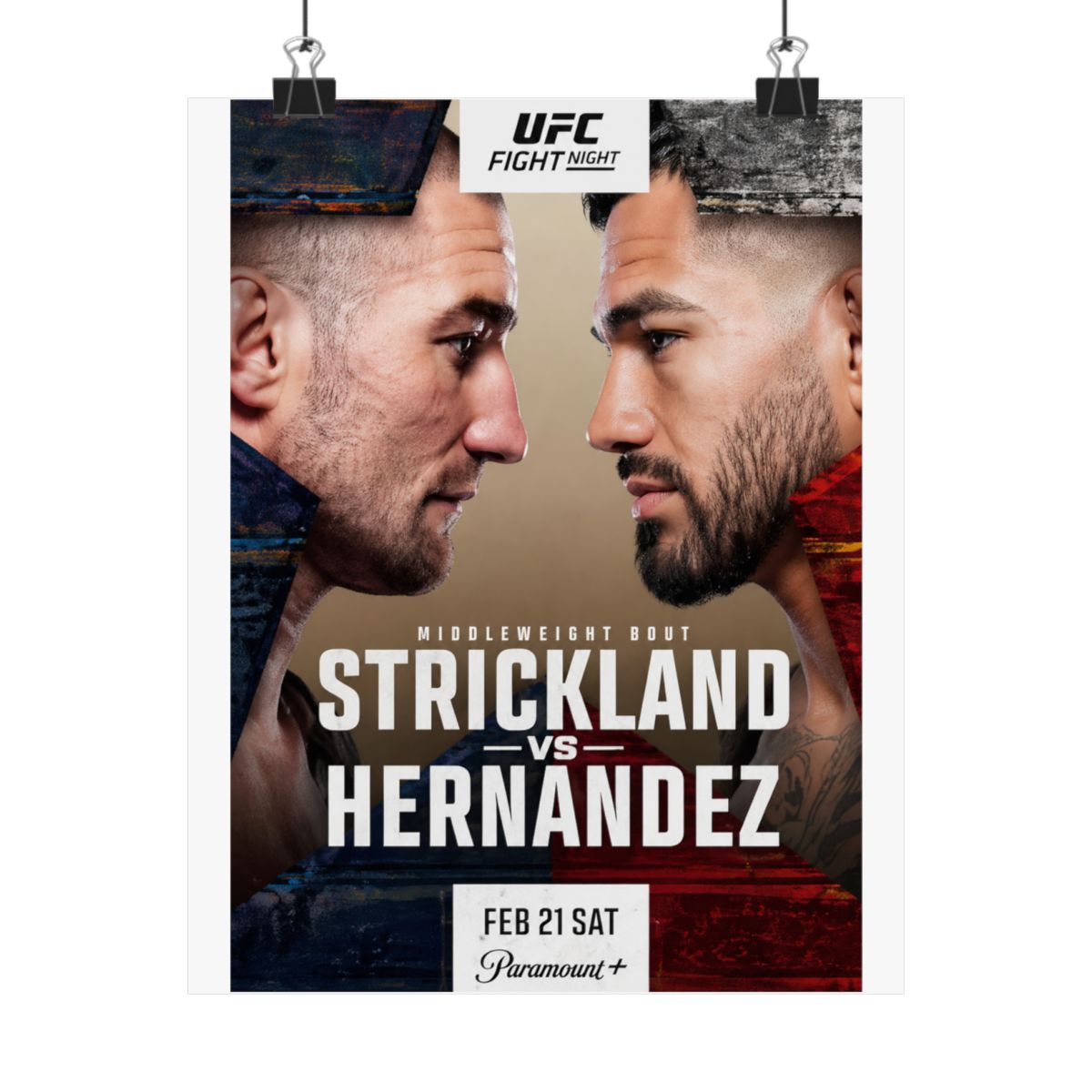 Framed UFC Fight Night poster featuring Strickland vs. Hernandez. The poster shows two fighters facing each other, with event details and the Paramount+ logo at the bottom. The colour scheme includes...