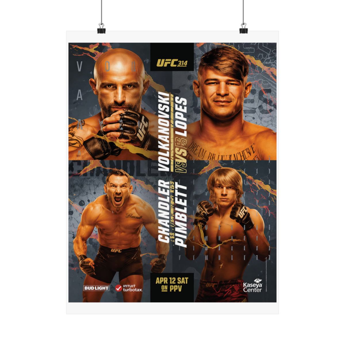 A poster advertising a UFC fight card featuring Chandler vs. Pimblett and Volkanovski vs. Lopes. The poster is black and gold with the UFC logo and the fighters' names in large white letters. The... - alternate angle 5, merchandise