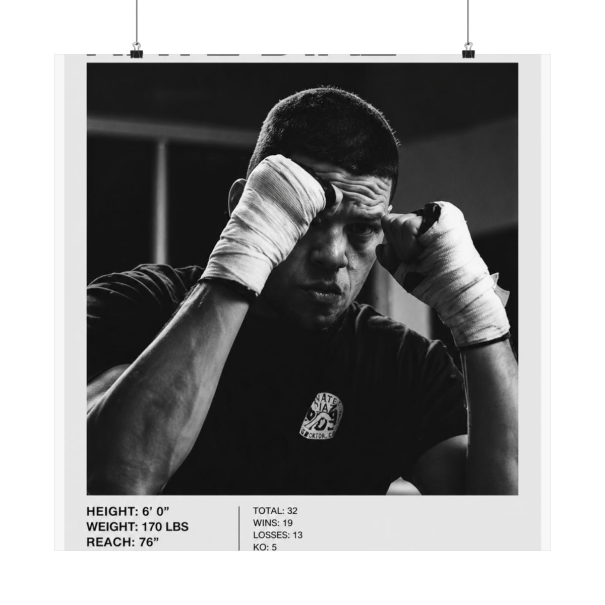 Black and white poster featuring Nate Diaz, a UFC fighter, with the UFC logo. The poster includes Diaz's height, weight, reach, stance, date of birth, and record. Diaz is shown with wrapped hands - alternate angle 2, merchandise