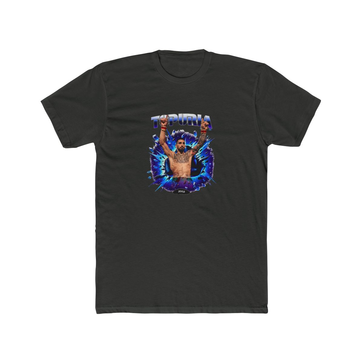 Black T Shirt with a graphic of a man with raised arms, breaking through a blue and purple burst. The word "TOPURIA" is across the top, with "2002 FIGHT" below. The shirt is displayed on a wooden... - alternate angle 5, merchandise