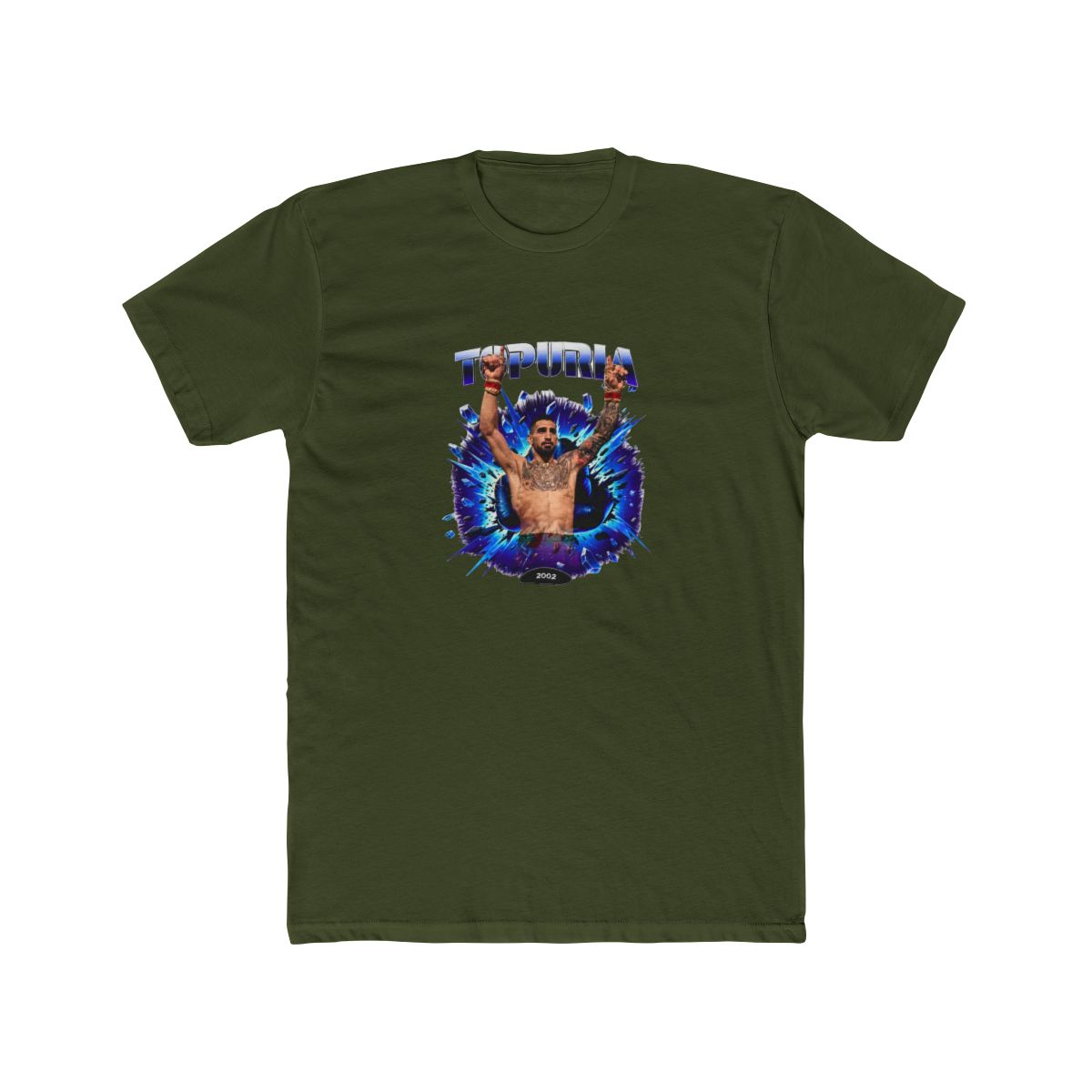 Black T Shirt with a graphic of a man with raised arms, breaking through a blue and purple burst. The word "TOPURIA" is across the top, with "2002 FIGHT" below. The shirt is displayed on a wooden... - alternate angle 4, merchandise